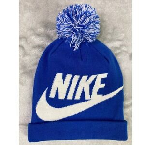 Nike Beanie Hat Kids Youth One Size Blue White Pom‎ Pom Swoosh Logo 2695-U89